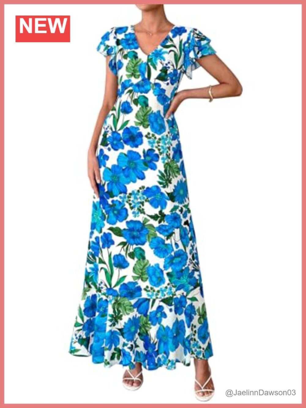 Boho Floral Maxi Dress Ruffle Short Sleeve V-Neck Flowy Beach Sundress